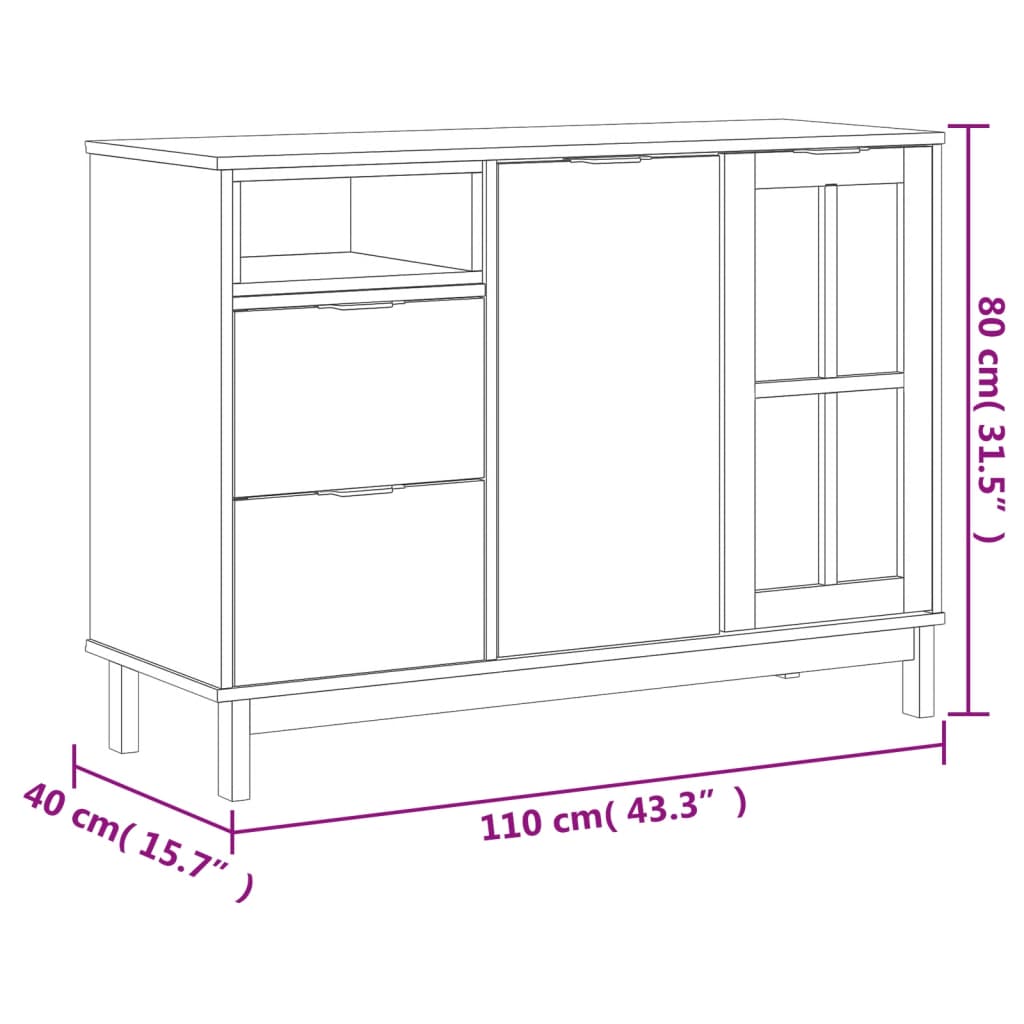 Dressoir Met Glazen Deuren Flam 110X40X80 Cm Massief Grenenhout