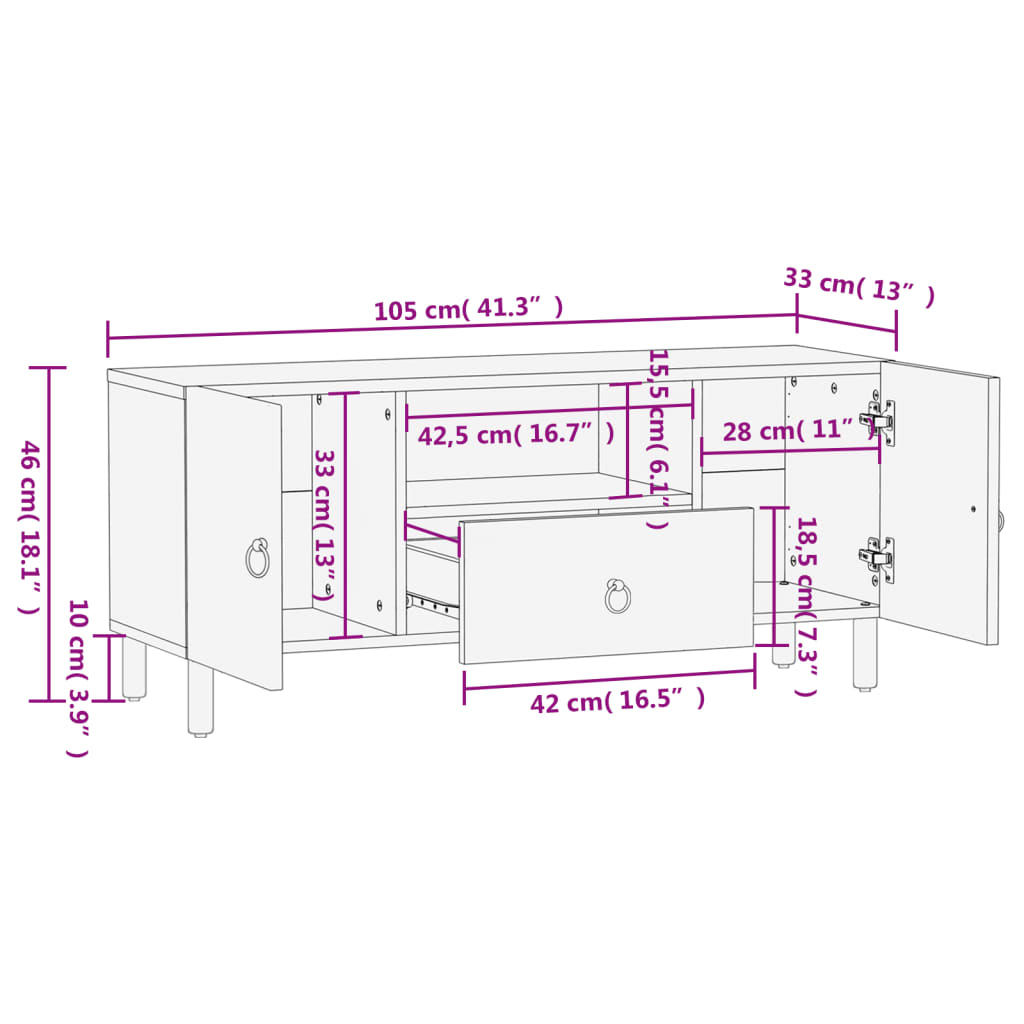 Tv-Meubel 105X33X46Cm Massief Mangohout