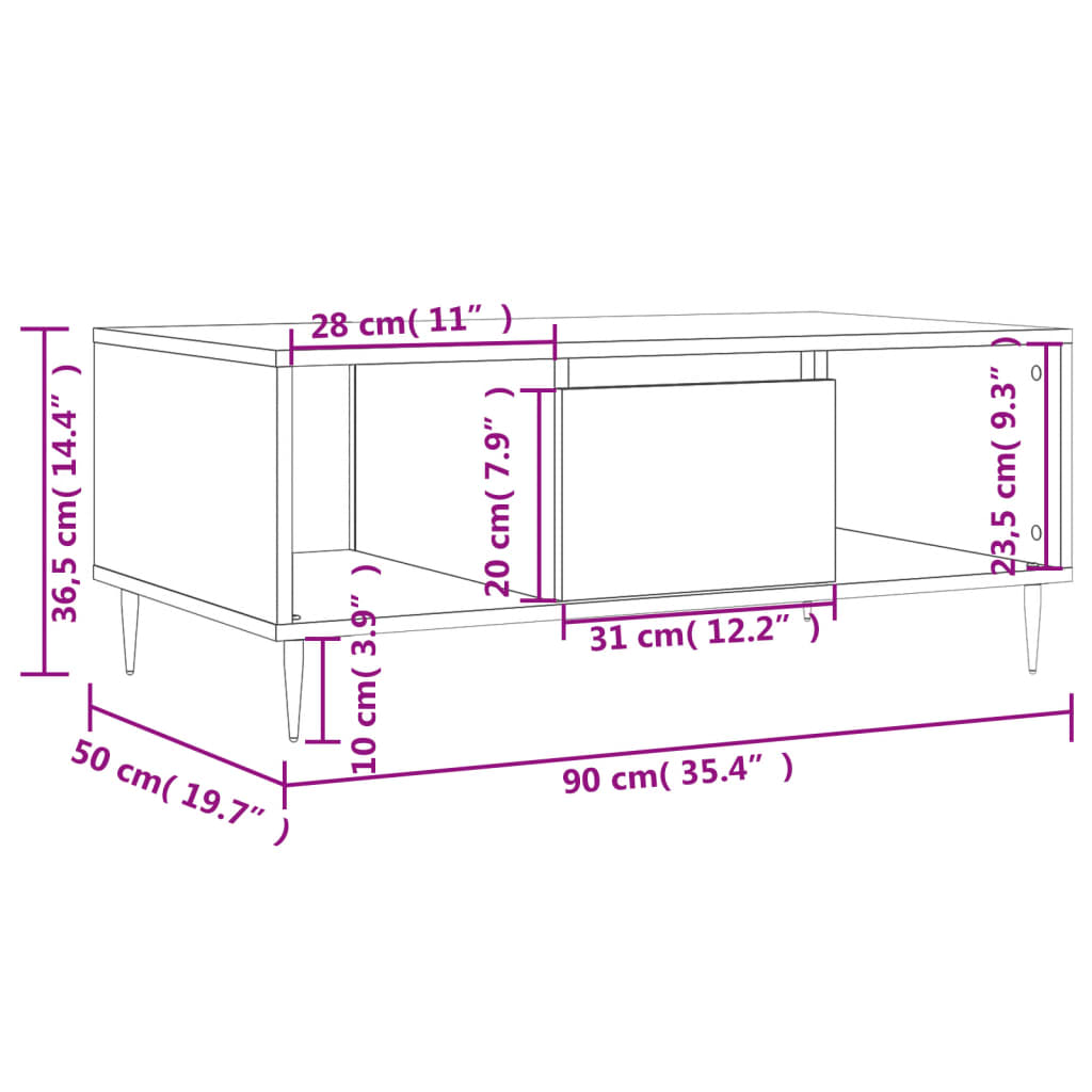 Salontafel 90X50X36,5 Cm Bewerkt Hout Hoogglans wit