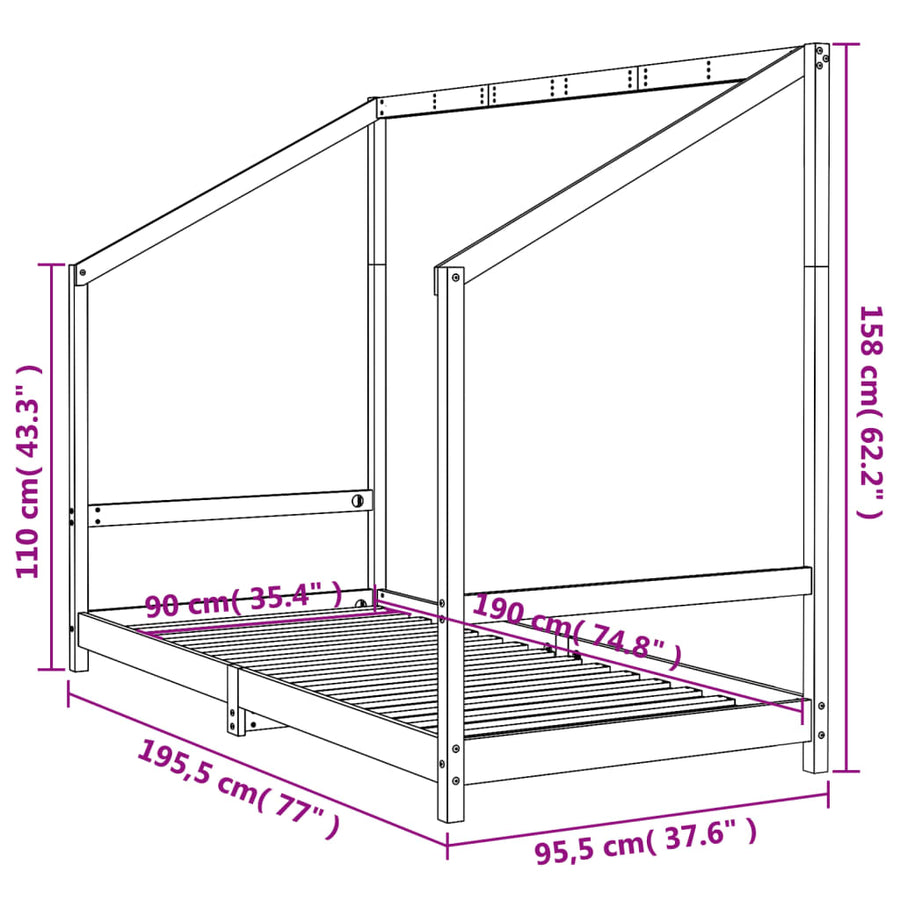 Kinderbedframe 90X190 Cm Massief Grenenhout Zwart