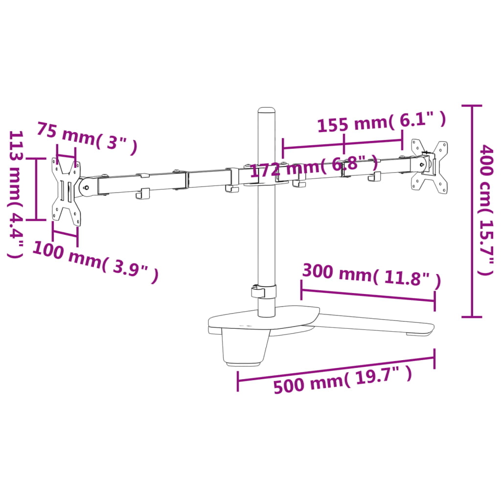 Monitorstandaard dubbel VESA 75/100 mm staal zwart
