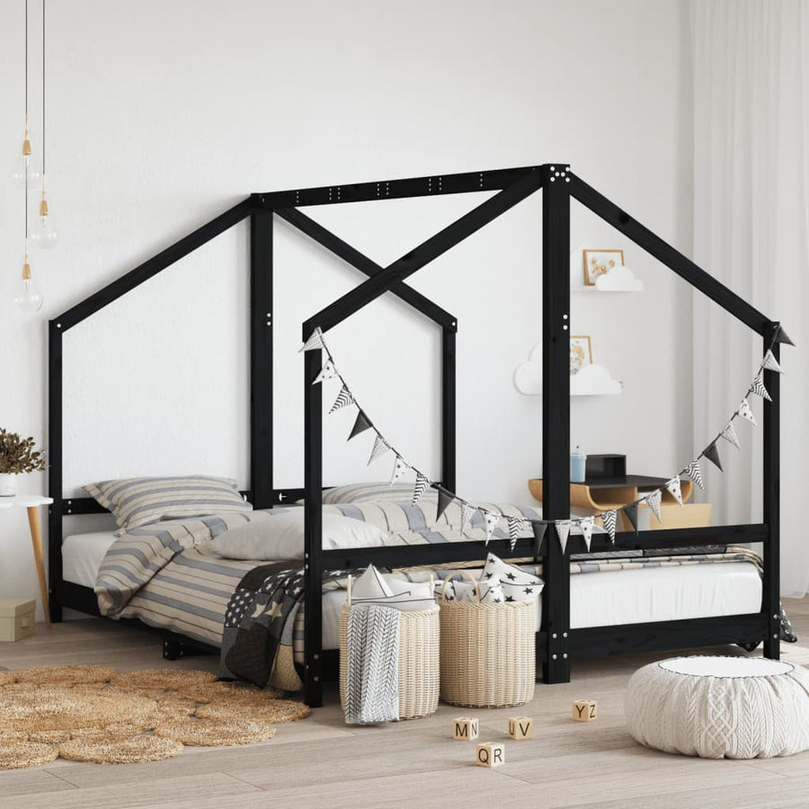 Kinderbedframe 2X(80X200) Cm Massief Grenenhout Zwart