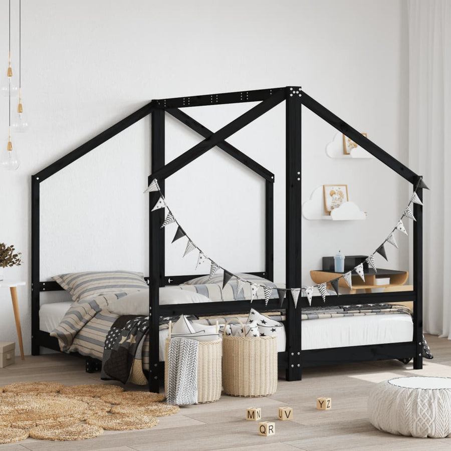 Kinderbedframe 2X(80X160) Cm Massief Grenenhout Zwart