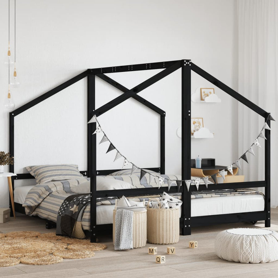 Kinderbedframe 2X(90X190) Cm Massief Grenenhout Zwart