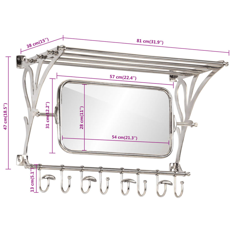 Bagagerek Met Kleerhangers En Spiegel Wandmontage Aluminium 81 x 38 x 60 cm