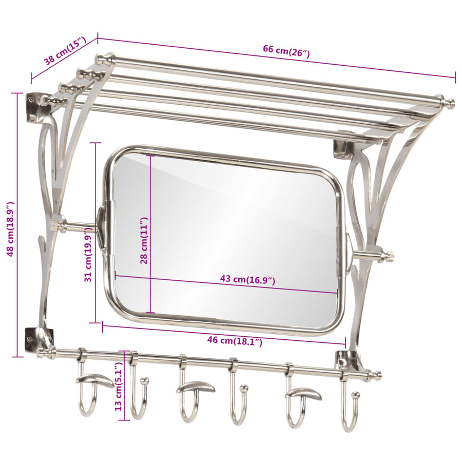 Bagagerek Met Kleerhangers En Spiegel Wandmontage Aluminium 66 x 38 x 61 cm