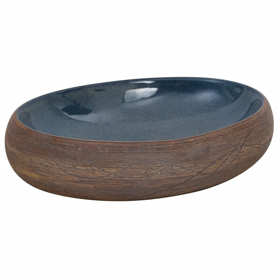 Opzetwasbak ovaal 59x40x15 cm keramiek bruin en blauw 59 x 40 x 15 cm Bruin en blauw