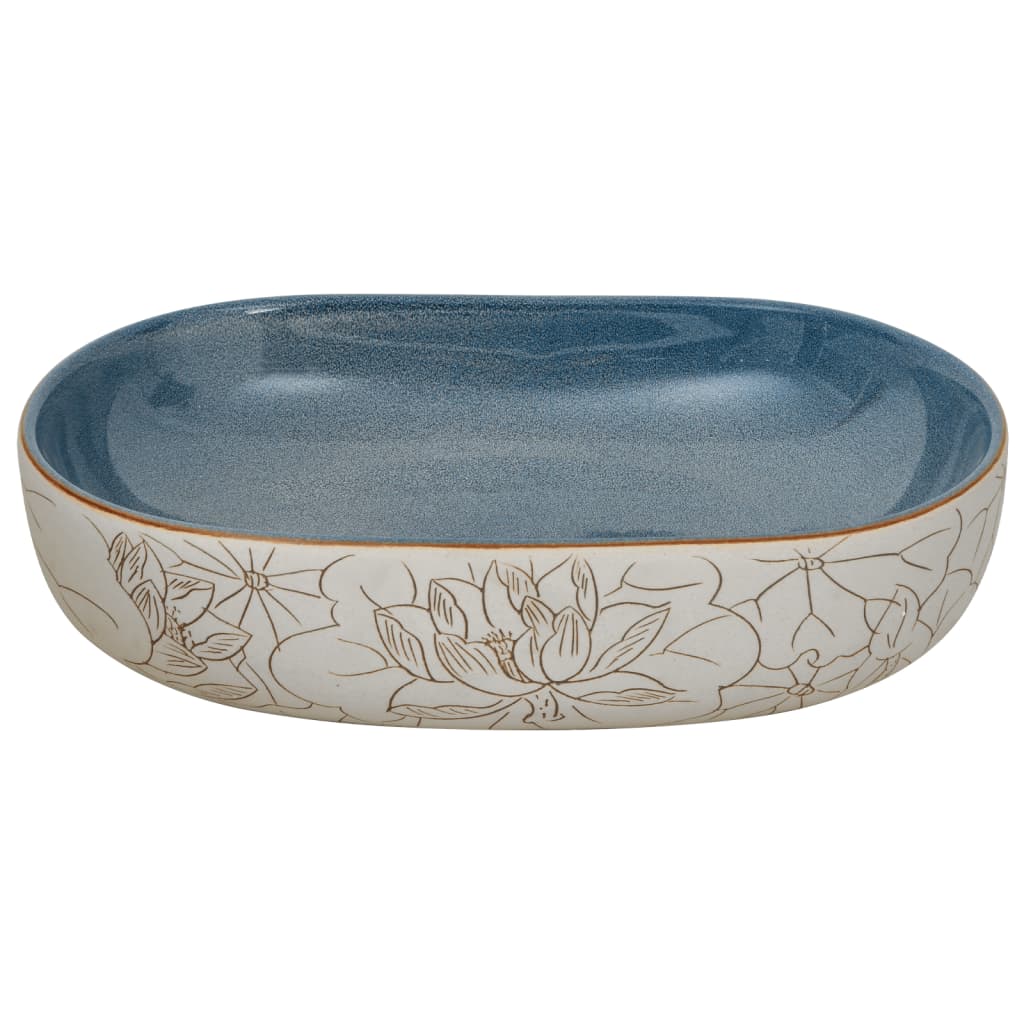 Opzetwasbak ovaal 59x40x14 cm keramiek zandkleurig en blauw 59 x 40 x 14 cm Zand