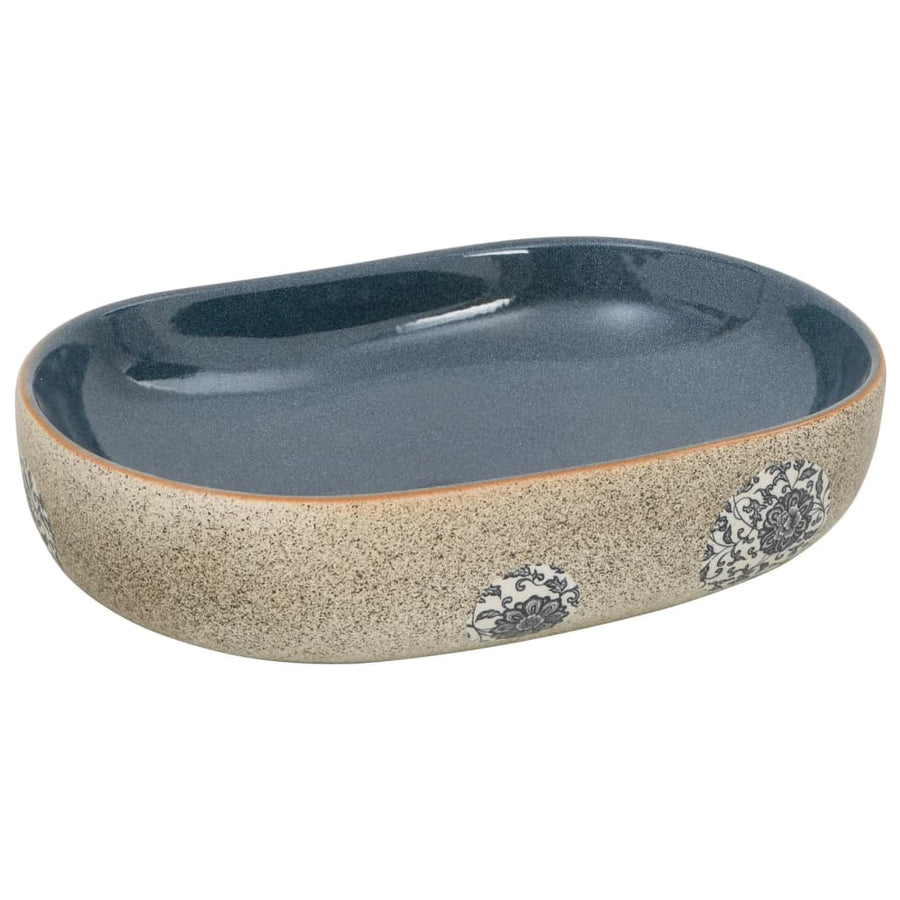 Opzetwasbak ovaal 59x40x14 cm keramiek zandkleurig en blauw 59 x 40 x 14 cm Donkerblauw