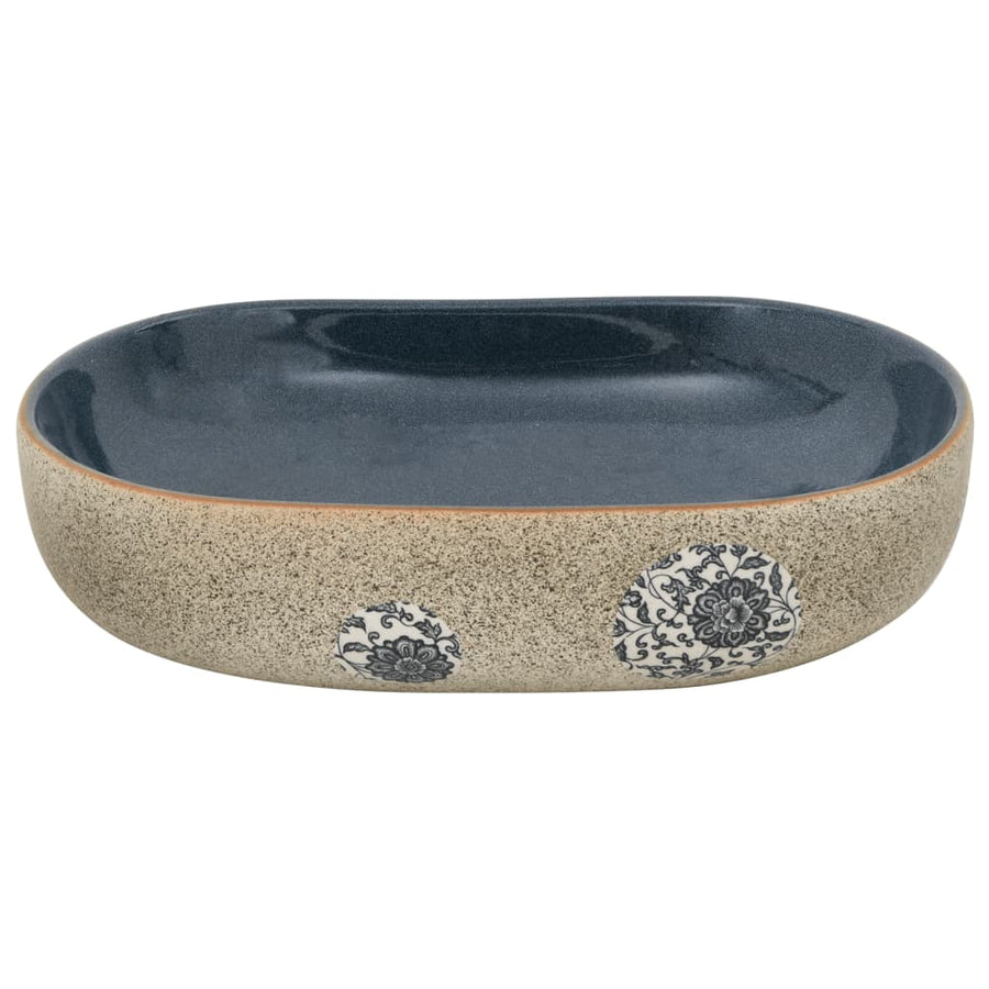Opzetwasbak ovaal 59x40x14 cm keramiek zandkleurig en blauw 59 x 40 x 14 cm Donkerblauw