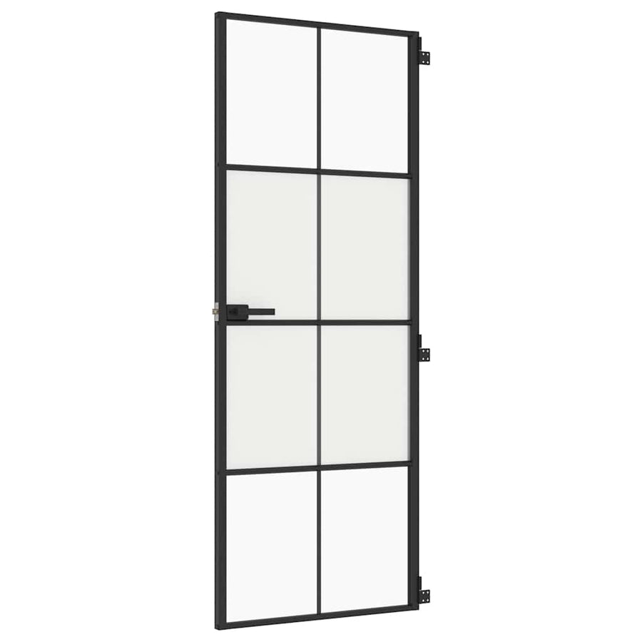 Binnendeur Smal 76X201,5 Cm Gehard Glas En Aluminium Zwart En Transparant En Mat 76 x 201.5 cm 4x2 rooster