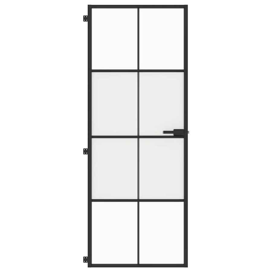 Binnendeur Smal 76X201,5 Cm Gehard Glas En Aluminium Zwart En Transparant En Mat 76 x 201.5 cm 4x2 rooster
