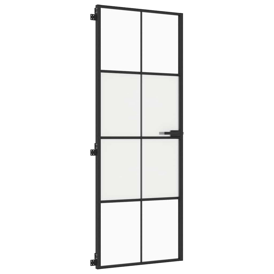 Binnendeur Smal 76X201,5 Cm Gehard Glas En Aluminium Zwart En Transparant En Mat 76 x 201.5 cm 4x2 rooster