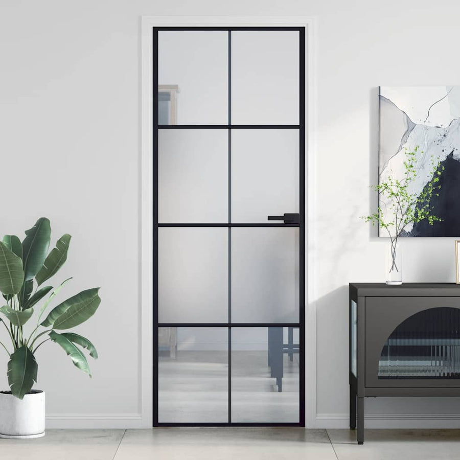 Binnendeur Smal 76X201,5 Cm Gehard Glas En Aluminium Zwart En Transparant En Mat 76 x 201.5 cm 4x2 rooster