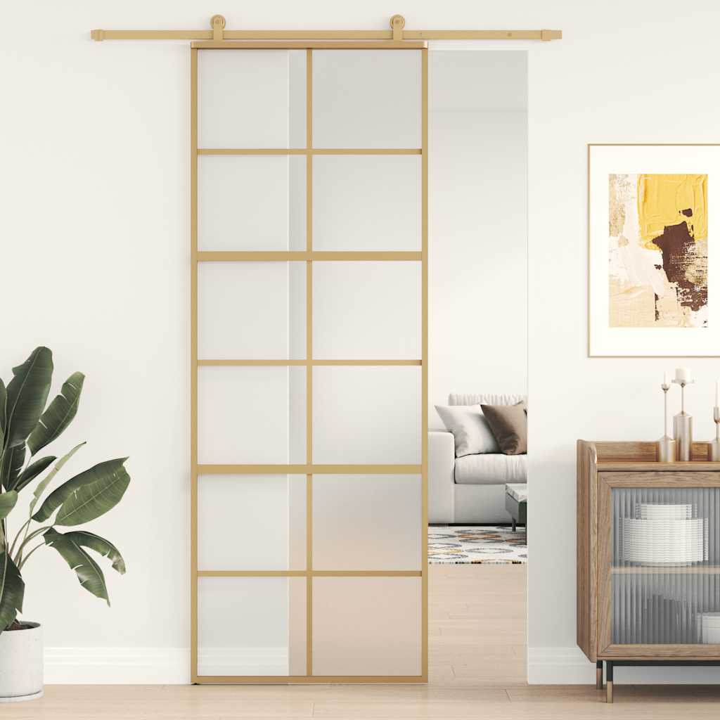 Schuifdeur 76x205 cm mat ESG-glas en aluminium goudkleurig
