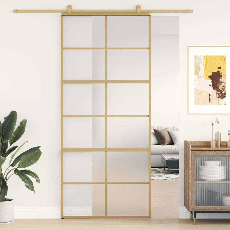 Schuifdeur Esg-Glas En Aluminium Goudkleurig En Mat 90 x 205 cm