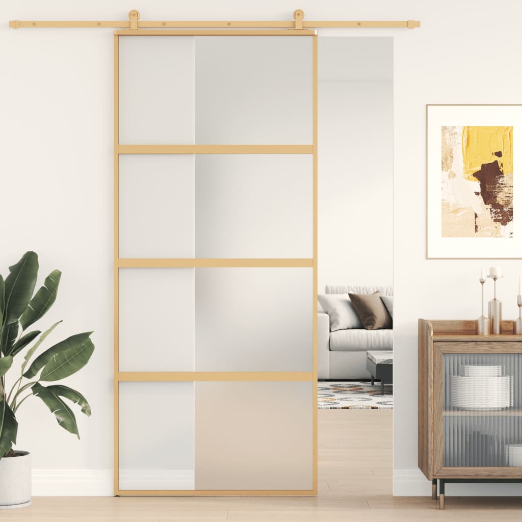Schuifdeur 90x205 cm mat ESG-glas en aluminium goudkleurig 90 x 205 cm Mat