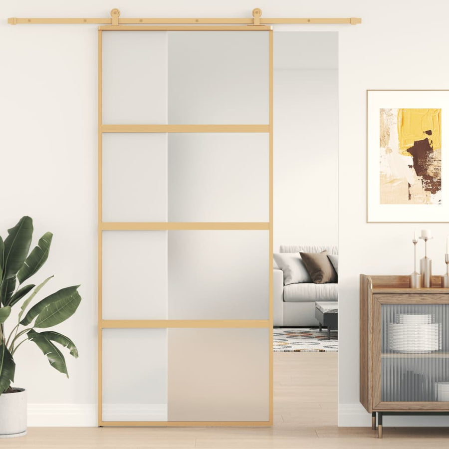 Schuifdeur 90x205 cm mat ESG-glas en aluminium goudkleurig 90 x 205 cm Mat