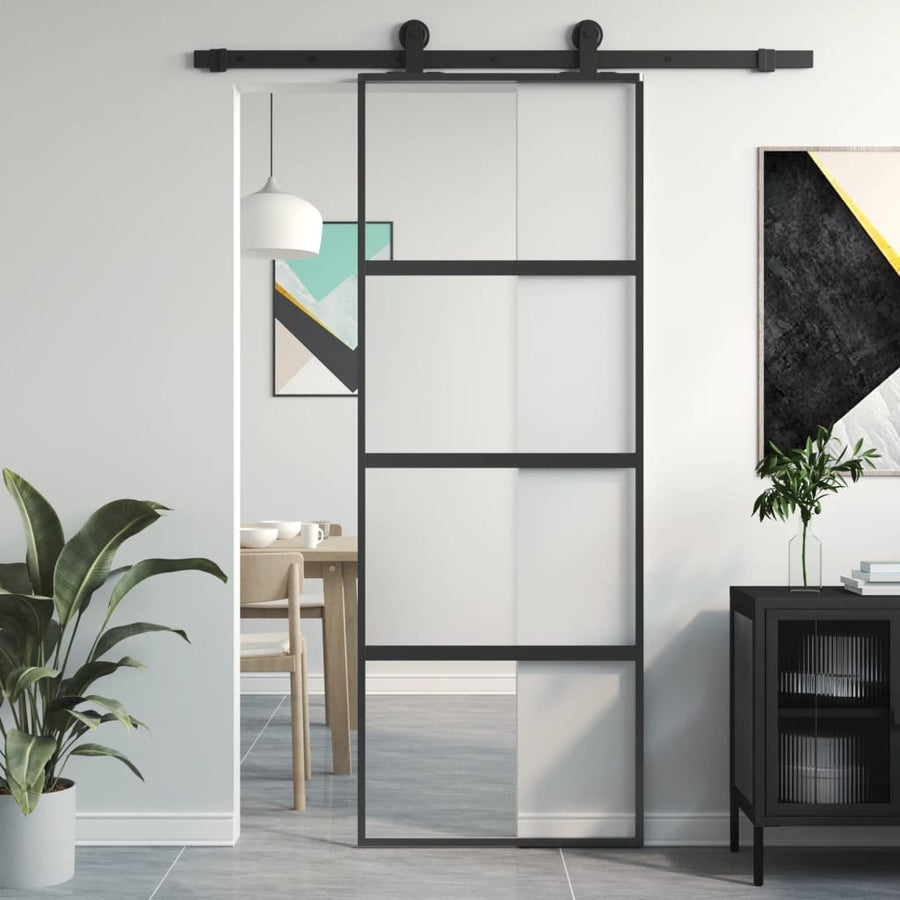 Schuifdeur 76x205 cm gehard glas en aluminium zwart 76 x 205 cm Halfmat