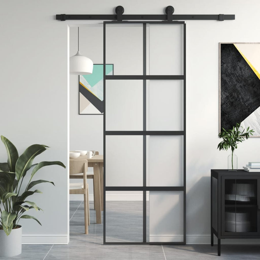 Schuifdeur 76x205 cm gehard glas en aluminium zwart 1 76 x 205 cm Zwart