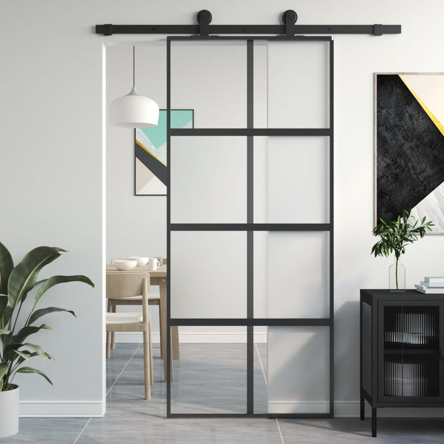 Schuifdeur 90x205 cm gehard glas en aluminium zwart 1 90 x 205 cm Zwart