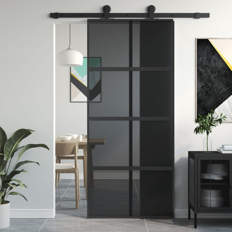 Schuifdeur 90x205 cm gehard glas en aluminium zwart 90 x 205 cm Donker transparant
