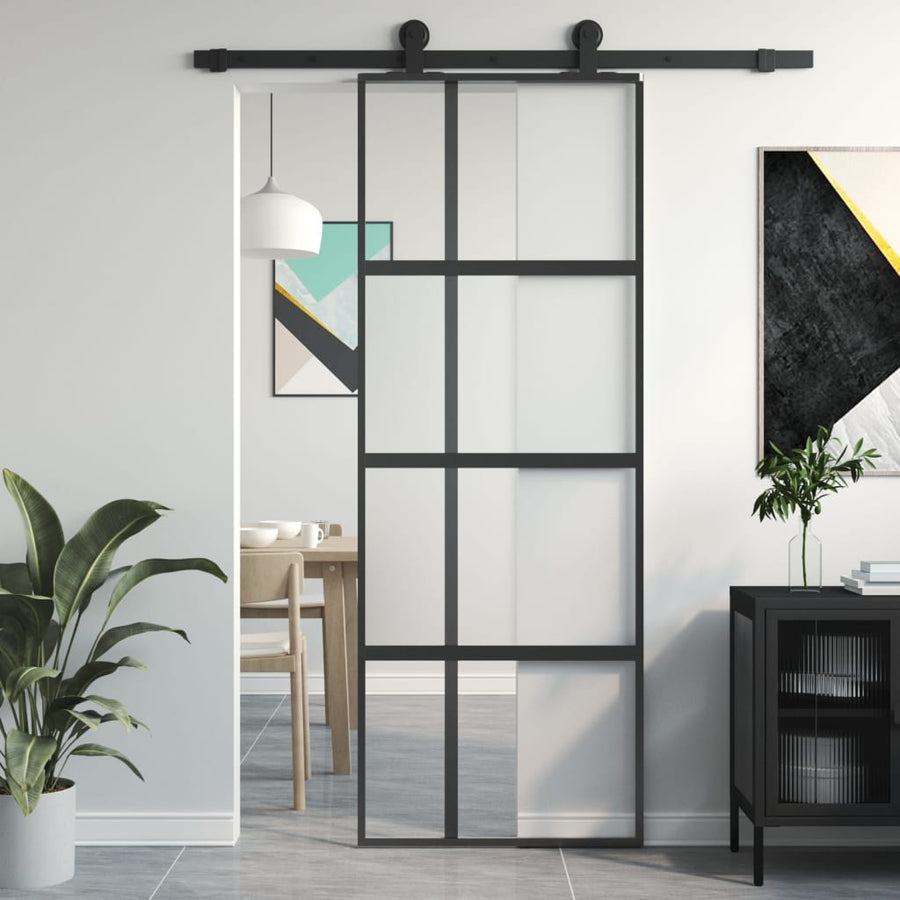 Schuifdeur 76x205 cm gehard glas en aluminium zwart 1 76 x 205 cm Zwart