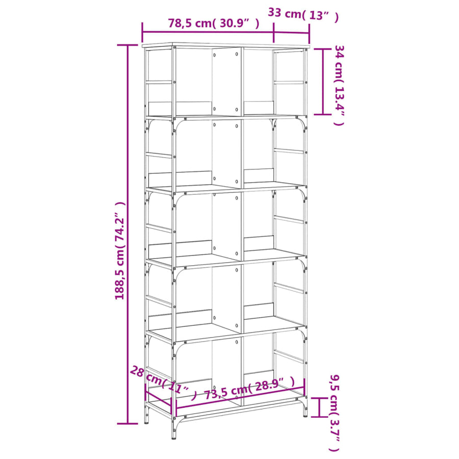 Boekenrek 78,5X33X188,5 Cm Bewerkt Hout Kleurig 188.5 cm