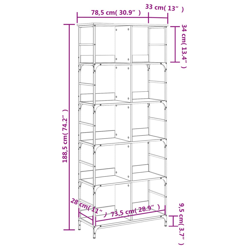 Boekenrek 78,5X33X188,5 Cm Bewerkt Hout Kleurig 188.5 cm