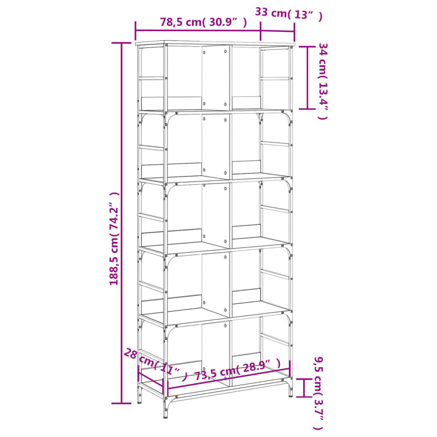 Boekenrek 78,5X33X188,5 Cm Bewerkt Hout Kleurig 188.5 cm