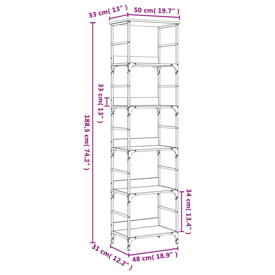 Boekenrek 50X33X188,5 Cm Bewerkt Hout Kleurig 188.5 cm