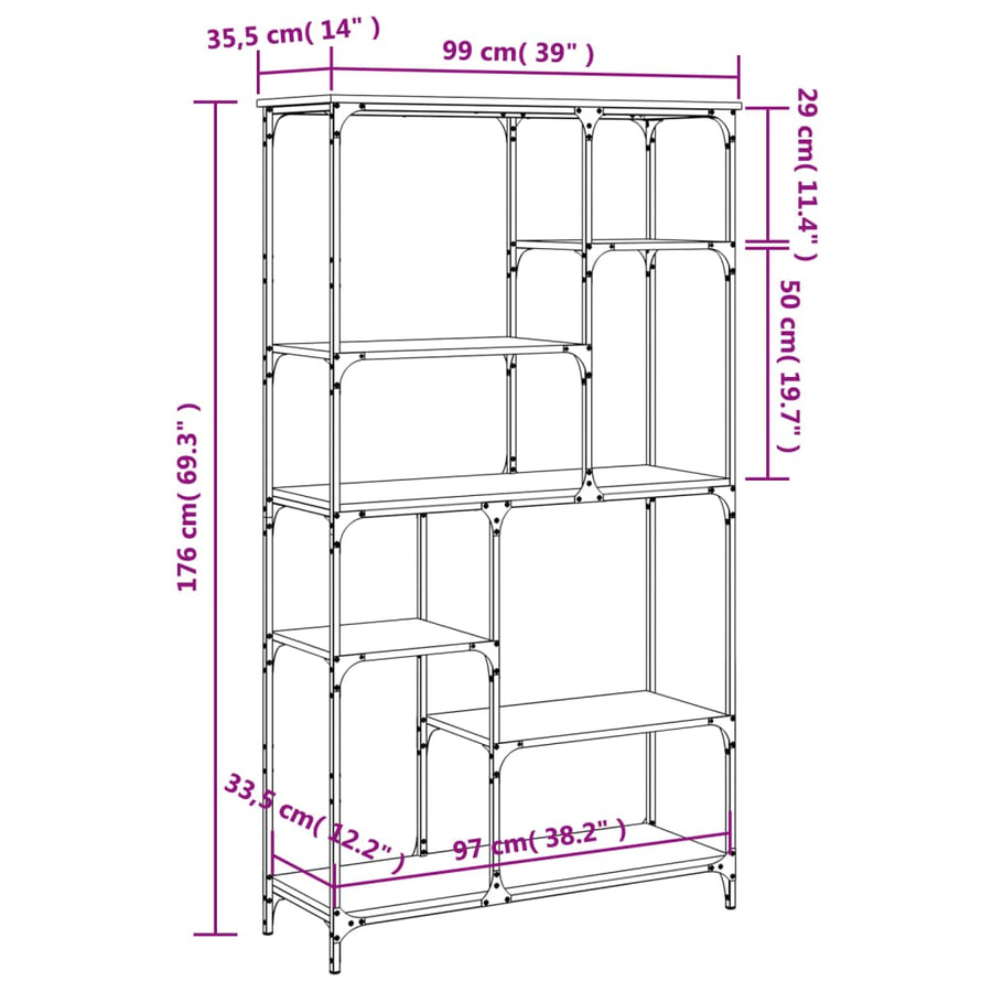 Boekenrek 99x35,5x176 cm bewerkt hout en staal gerookt eiken