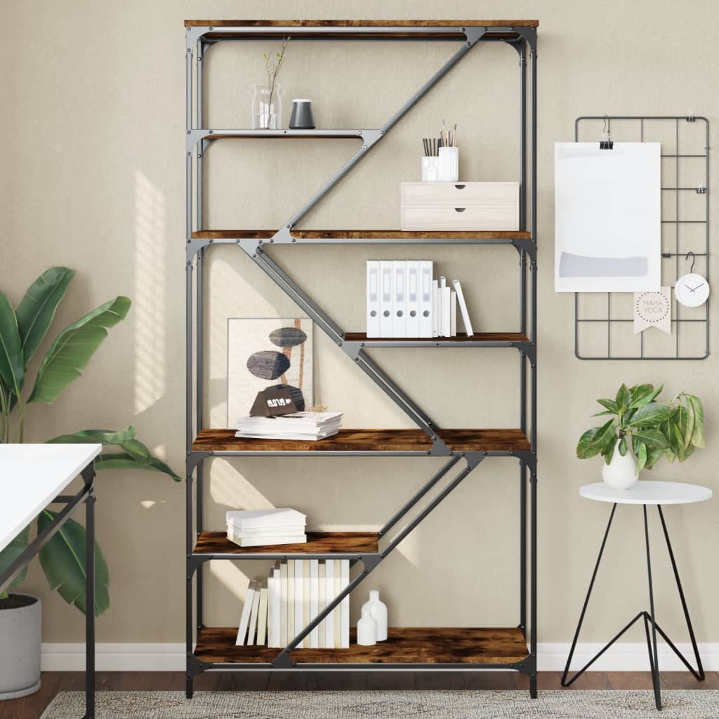 Boekenrek 91X36X176 Cm Bewerkt Hout En Staal Gerookt Eikenkleur
