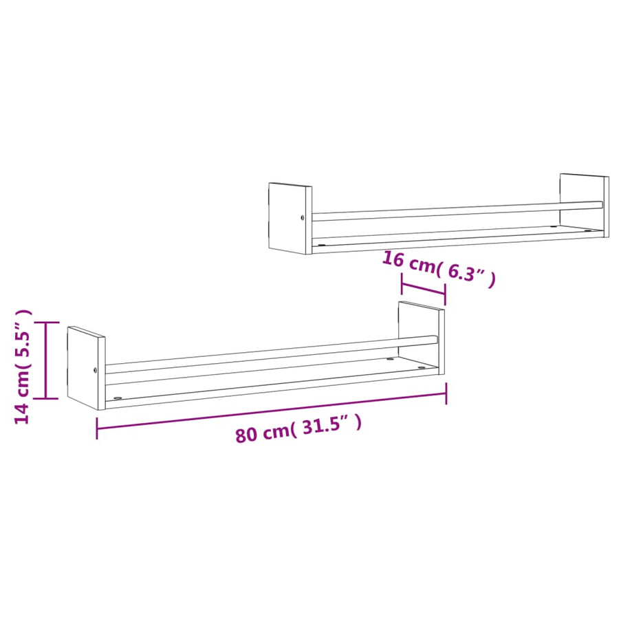 Wandschappen Met Stangen 2 St 80X16X14 Cm Grijs Sonoma