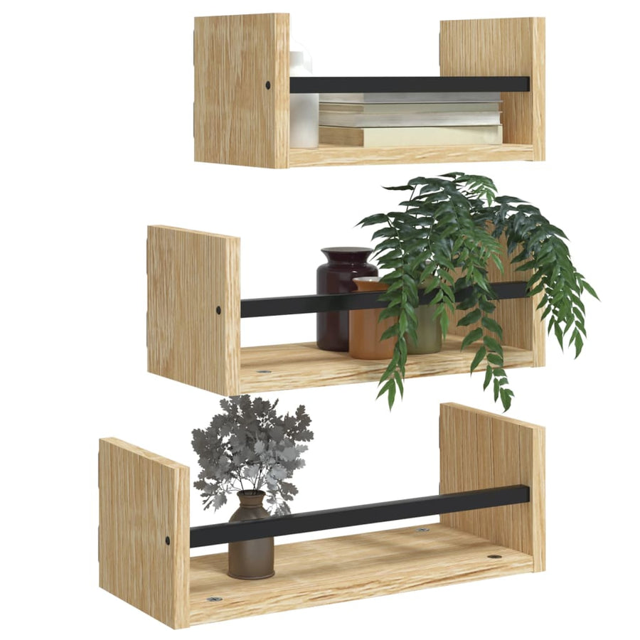 3-Delige Wandschappenset Met Stangen Bewerkt Hout Sonoma Eiken