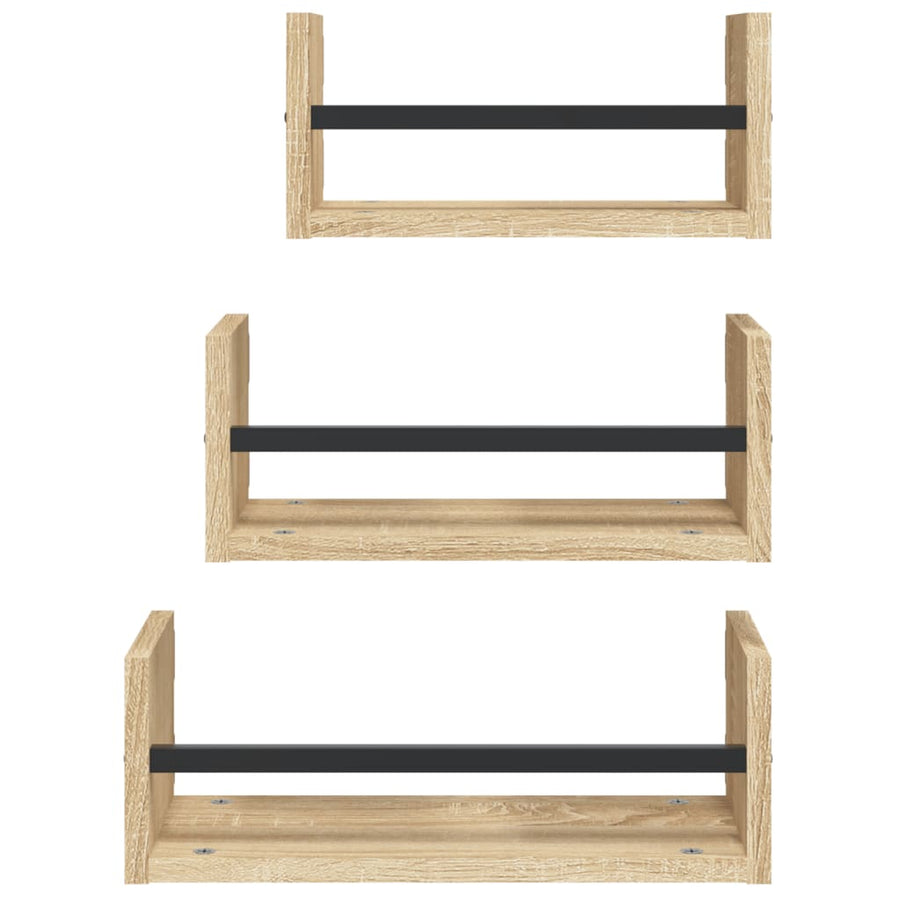 3-Delige Wandschappenset Met Stangen Bewerkt Hout Sonoma Eiken