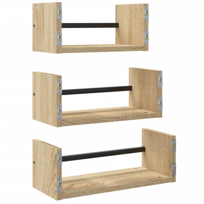 3-Delige Wandschappenset Met Stangen Bewerkt Hout Sonoma Eiken