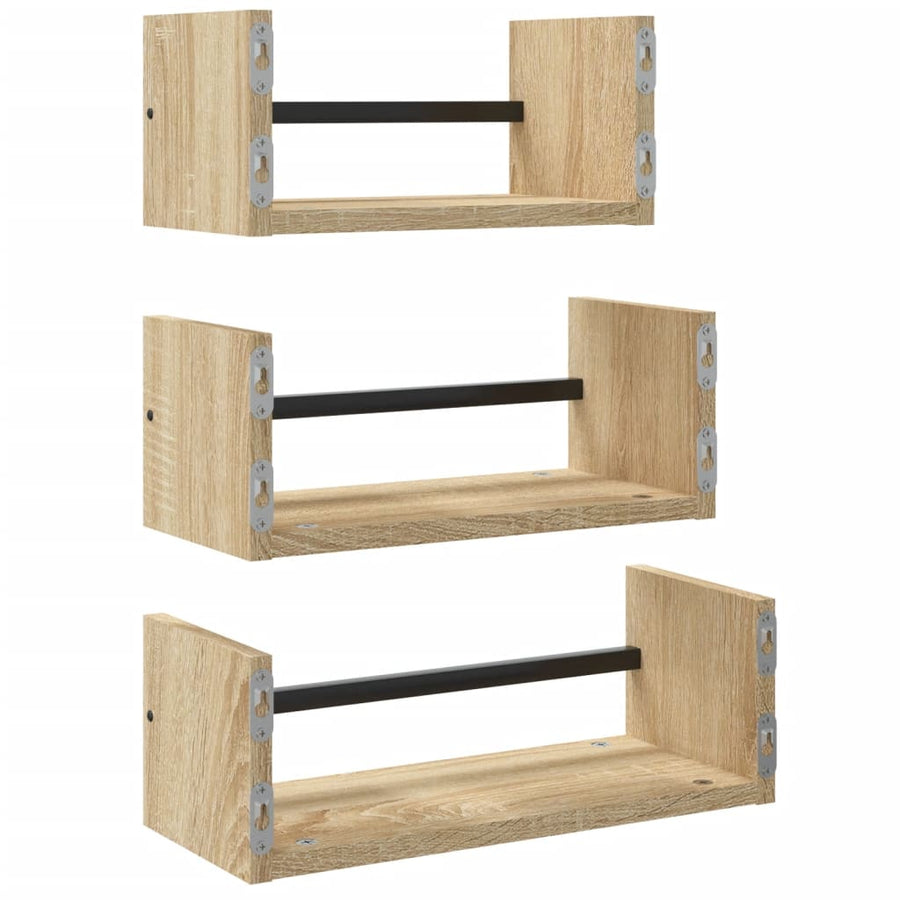3-Delige Wandschappenset Met Stangen Bewerkt Hout Sonoma Eiken
