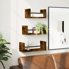 3-Piece Wall Shelf Set with Rods Treated Smoked Oak Wood