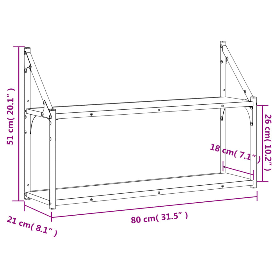 Wandrek 2-Laags Bewerkt Hout Eiken Grijs Sonoma 80 x 21 x 51 cm
