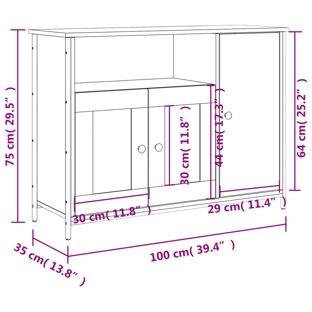 Dressoir 100x35x75 cm bewerkt hout gerookt eikenkleurig