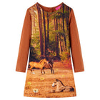 Kinderjurk lange mouwen 92 cognac paardenprint