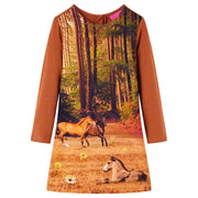 Kinderjurk lange mouwen 128 cognac paardenprint