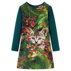 Kinderjurk lange mouwen 104 donkergroen kattenprint