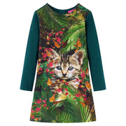 Kinderjurk lange mouwen 116 donkergroen kattenprint