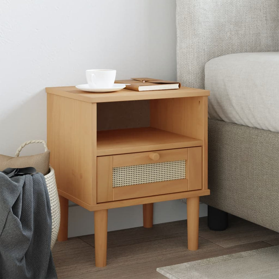 Nachtkastje Senja Rattan-Look 40X35X48 Cm Grenenhout Bruin