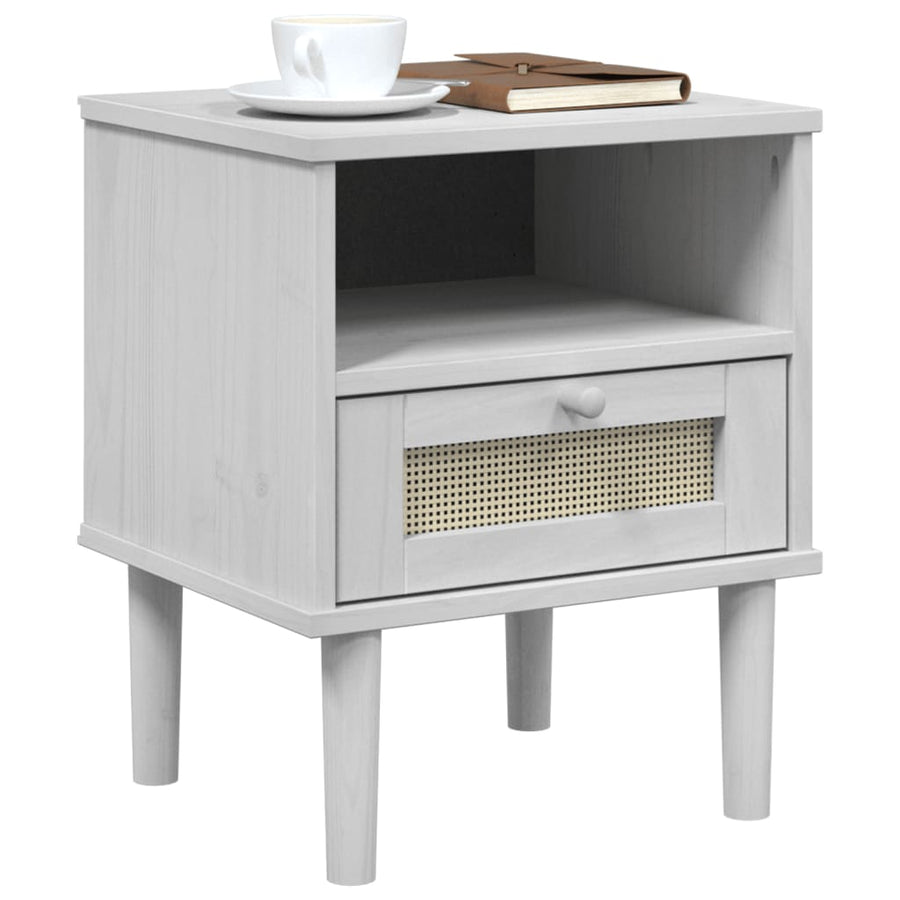 Nachtkastje Senja Rattan-Look 40X35X48 Cm Grenenhout Wit