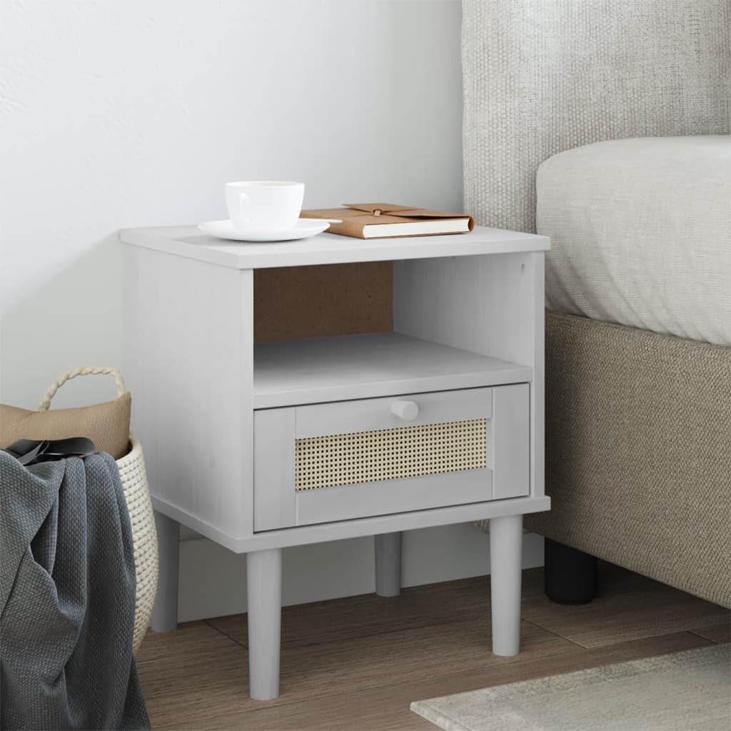 Nachtkastje Senja Rattan-Look 40X35X48 Cm Grenenhout Wit