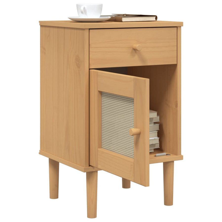 Nachtkastje Senja Rattan-Look 40X35X65 Cm Grenenhout Bruin