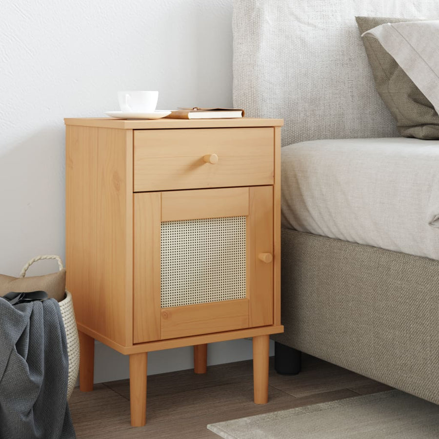 Nachtkastje Senja Rattan-Look 40X35X65 Cm Grenenhout Bruin